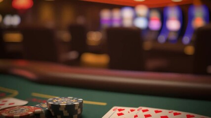 Casino table with poker chips and playing cards, dimly lit atmosphere, blurred background, slot machines visible, gambling scene, anticipation, strategic play, high stakes, excitement. - Powered by Adobe