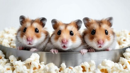 Three adorable hamsters peering out from a metal bowl filled with popcorn. Their expressions are cute and curious.