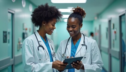 Two smiling black female doctors discussing medical report on digital tablet in modern hospital. African nurses in teamwork, healthcare. Happy women in white coats, stethoscopes, blue scrubs. Medical