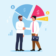 Vector illustration of concluding a profitable contract.Cartoon scene:business partners have concluded a successful deal,shaking hands,with a briefcase isolated on a blue background.Business investor.