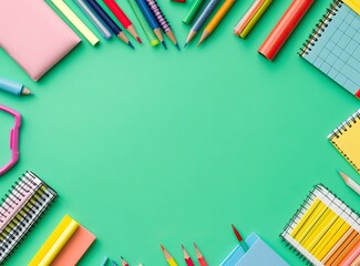 Fototapeta premium Top view of school supplies on a green background with copy space for text. Stock photo contest winner, stock photo, stock photography, professional photograph. 