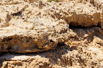 Eroded Coastal Rock Formations in Cyprus, Close-up of textured limestone rock formations shaped by...