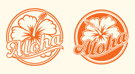 Aloha hibiscus emblem set. retro circular badge with tropical flower and guitar headstock script. Orange vector logo for surf branding, sticker, tee design © ARTIST LAB