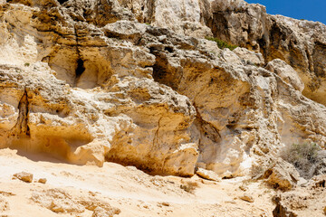Eroded Sandstone Rock Formation in Cyprus, Close-up view of eroded sandstone cliffs with natural...