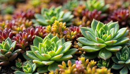 Obraz premium Colorful variety of succulent plants growing together in a garden