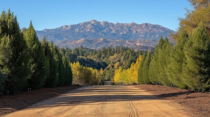 Mountain vista framed by autumnal trees along a dirt road