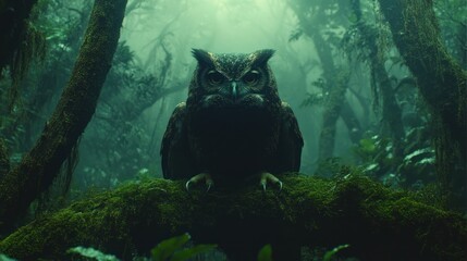 Mysterious owl in a dense, misty forest