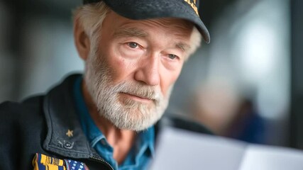 A veteran tearfully holds a folded flag and letter, honoring memories of service.