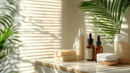 Natural skin care products on a light wooden surface, bathed in sunlight