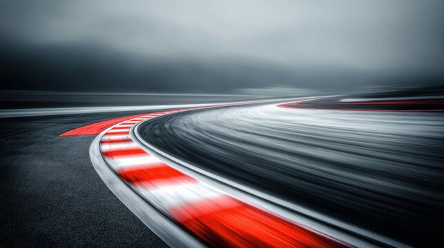 Dynamic shot of a race track with a blurred motion effect. The red and white lines on the curve provide a contrast to the gray asphalt.