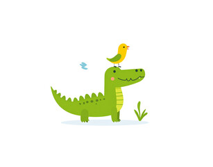 Naklejka premium Cartoon Alligator with Bird on Head Smiling Reptile Illustration Cute Animal Design.