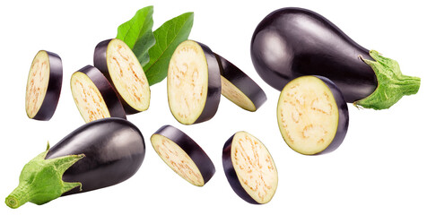 Eggplant and eggplant slices levitating in air isolated on white background. File contains clipping path.