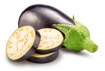 Eggplant and eggplant slices isolated on white background. File contains clipping path.