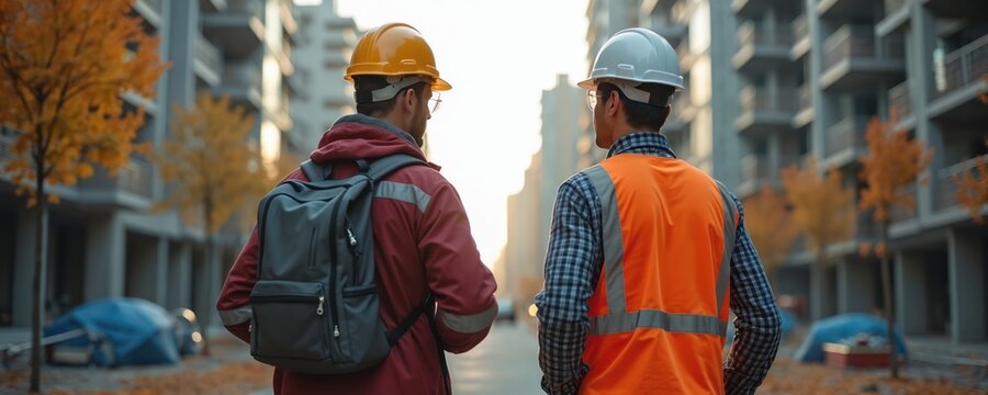 Two construction workers wearing hard hats backpacks assessing building progress on urban development site on a fall day. Men walking along a street with modern buildings, autumn trees.