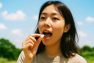 塩飴を口に入れようとする女性