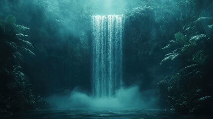 Mystical waterfall cascading into misty pool, lush foliage surrounds