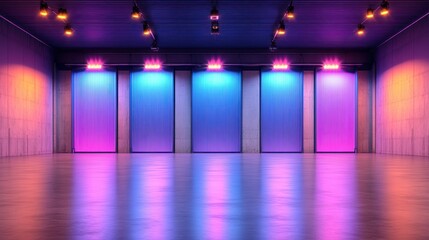 Neon-lit industrial space with vibrant panels