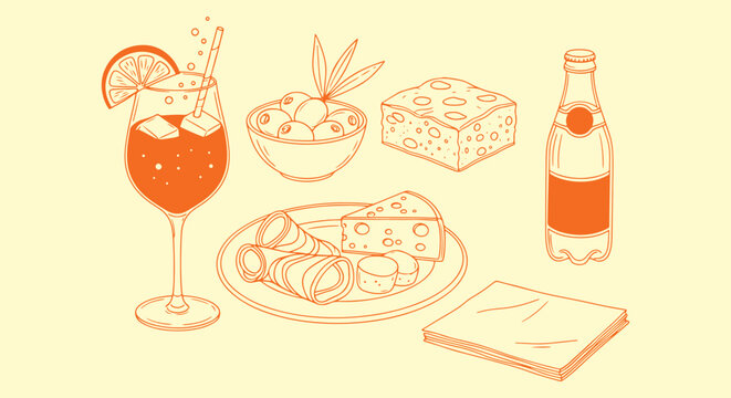 Aperitivo snack illustration set. Spritz cocktail, olives bowl, cheese wedge, salami plate, soda bottle and napkins in warm orange line. Italian happy-hour graphic
