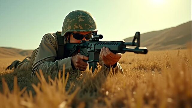 A soldier with rifle prone on ground