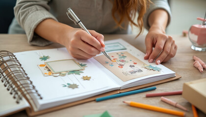 Woman handcrafting scrapbook album at home. She is decorating, gluing pictures, using paper cutouts with pencil, colors. DIY hobby, gift idea, home production with tools, handcrafting attributes.