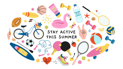 Colorful summer activity Round composition with sports equipment, beach items and fitness symbols. Trendy modern vector illustration isolated on white background, hand drawn, flat design