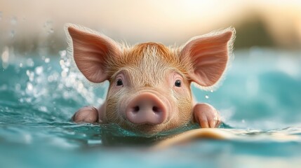 An adorable piglet splashing joyfully in a clear blue pool, showcasing a fun and lively spirit while evoking warmth and playfulness in nature's setting.