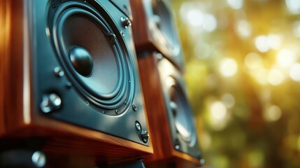 An artistic close-up of vintage wooden speakers, beautifully crafted, evokes a sense of nostalgia and celebrates the power of sound and music in an outdoor setting.