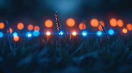 Night scene, grass illuminated by colorful bokeh lights