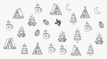 Cozy campsite seamless pattern. A-frame cabins, teepees, campfire mugs, pine trees, burning logs, pinecones and crescent moons repeat in soft graphite line © MH HASIB