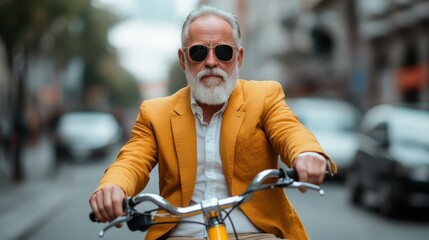 An elegantly dressed elderly man riding a bicycle in a cityscape, embodying confidence and style, showcasing the timeless charm of urban cycling.