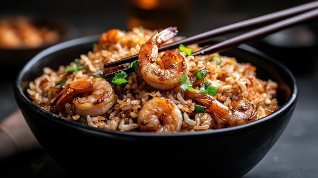 A beautifully arranged bowl of shrimp fried rice with vibrant peas and herbs promises a mouthwatering culinary experience, showcasing artistry and tradition in gourmet cooking.