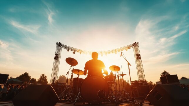 A silhouetted drummer passionately playing on stage during a sunset concert, with vibrant skies creating a dramatic atmosphere that accentuates the music and energy of the moment.