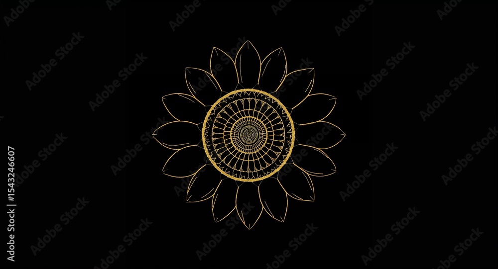 Poster a golden sunflower outline with intricate geometric patterns on a black background in center view