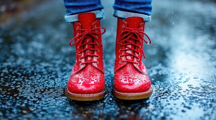 Vibrant red boots splash in a puddle, reflecting the rainy day. Denim jeans complete the stylish, wet-weather look.