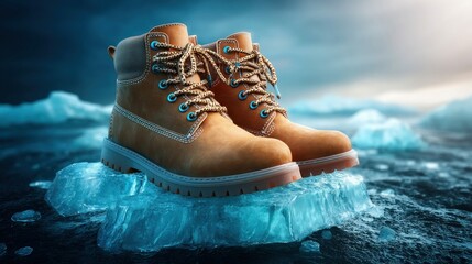 A pair of tan boots rests on a chunk of ice, contrasting the warmth of the footwear against the cold environment.