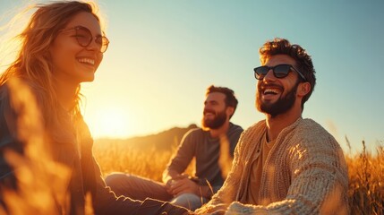 A group of three friends share joyful laughter sitting in a sunlit field during sunset, capturing the essence of friendship, happiness, and carefree moments.