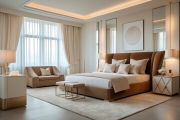 Modern luxury bedroom design featuring soft colors and elegant furnishings in a bright, spacious hotel suite