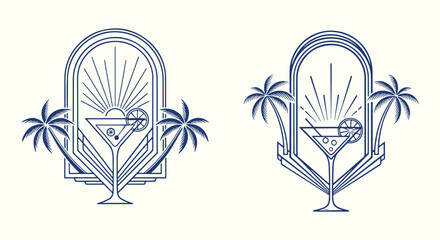 Art-deco sunset cocktail badge duo. Martini glass with citrus slice, palm trees and radiant rays framed by geometric arch lines. Elegant tropical lounge logo template