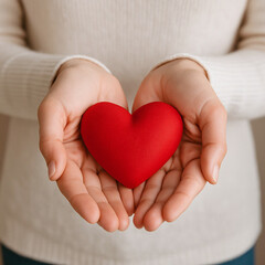 Obraz premium Realistic image of female hands holding a small red heart, symbolizing love and romance, with soft light clothing and gentle mood