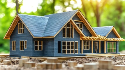 New home construction model, wood frame, gray siding, sits on dirt