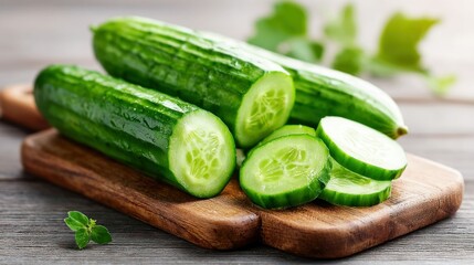 Fresh cucumbers, whole and sliced, presented on a wooden cutting board, showcasing healthy eating and culinary preparation.