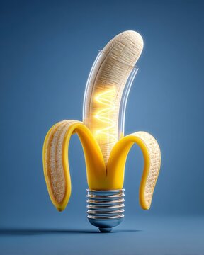 Naklejki A creative artwork features a peeled banana transformed into a lightbulb, with energy flowing through it against a blue backdrop.