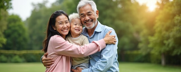 Happy Asian family portrait, senior man, woman, child. Multi-generation love, support, care, fun, joy, family bond, togetherness in park. Smile of parents, son grandson on outdoor activities in green