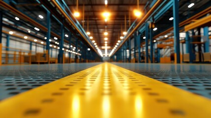 This image showcases a large industrial warehouse space with glowing lights illuminating the wide aisle, emphasizing the architecture and functional design of the environment.