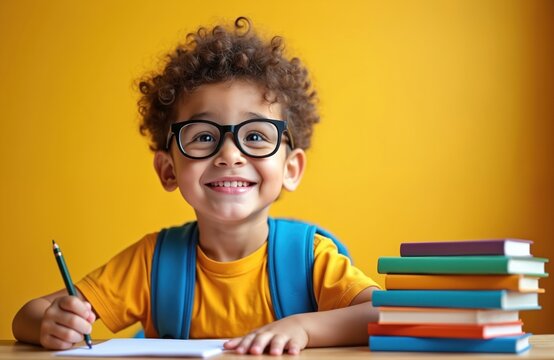 Naklejki Happy preschooler boy wearing glasses sitting at table writing with pencil. Smiling child with books and backpack. Back to school concept, education, learning. Schoolboy in classroom.