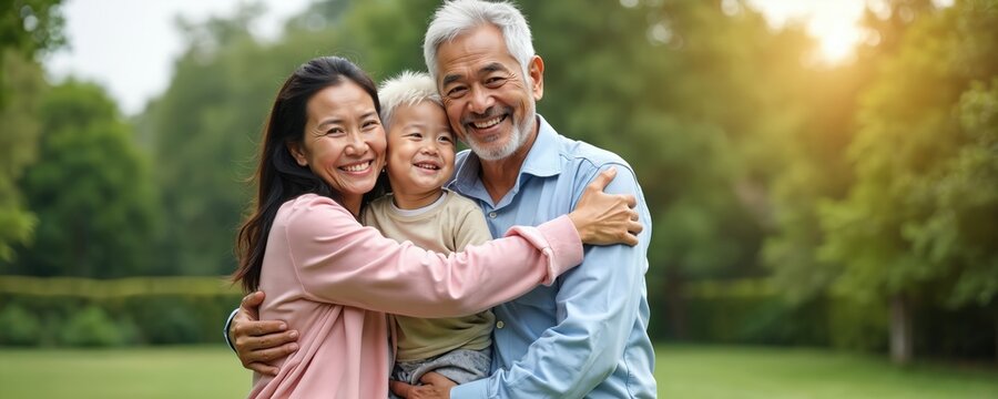 Happy Asian family portrait, senior man, woman, child. Multi-generation love, support, care, fun, joy, family bond, togetherness in park. Smile of parents, son grandson on outdoor activities in green