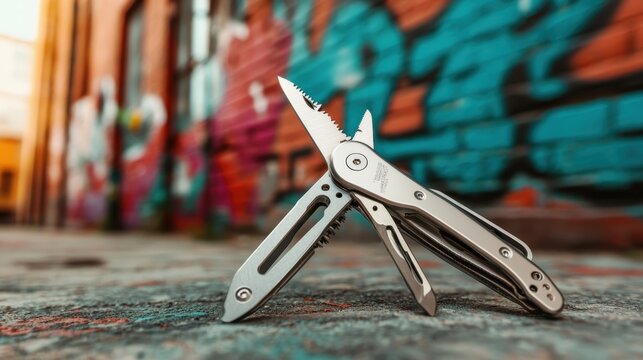 A versatile multi-tool with various functions stands prominently against a vibrant street art backdrop, representing creativity and utility in everyday life.