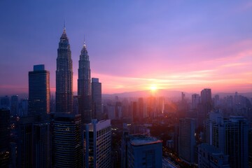 Obraz premium A city skyline with towering skyscrapers under a colorful sunrise sky