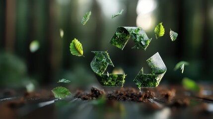 A beautifully designed recycling symbol made of leaves and earth, embodying environmental consciousness and sustainability in a lush forest backdrop.
