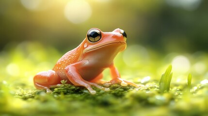 Orange frog sits on moss in sunlit forest